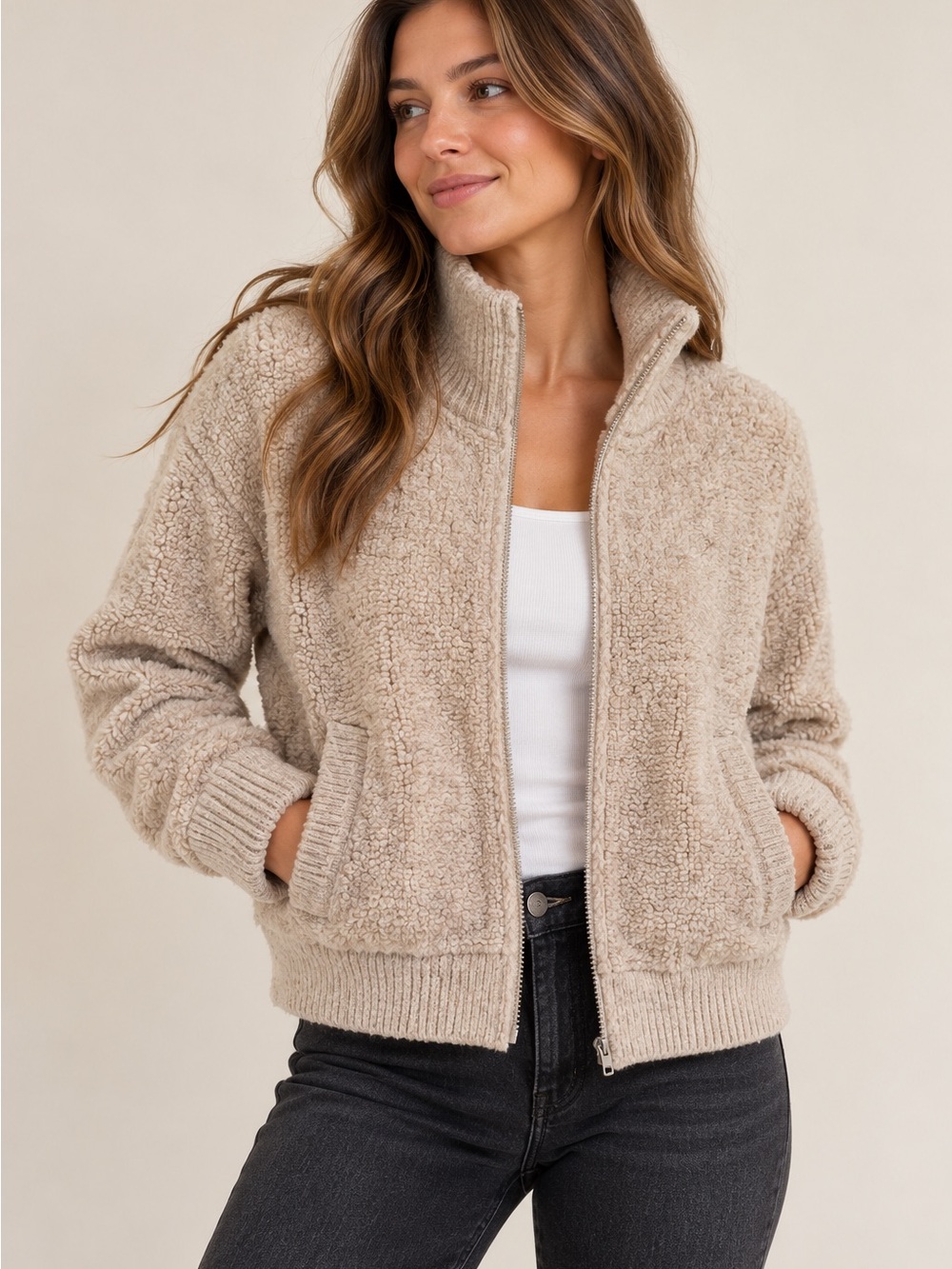 dreamers by debut Beige Sherpa Zip-Up Jacket | Size M